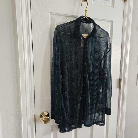 NWT SHEIN Bae Drop Shoulder Glitter See Through Mesh Button Front Shirt - Picture 3 of 14